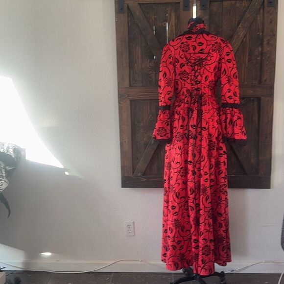 Victorian Dress Red Bow Floral Print Square Neckline Long Sleeves Matte - Picture 8 of 16